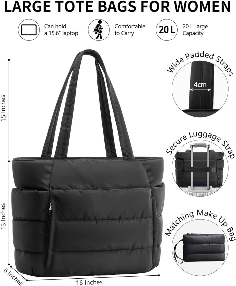 Bagstellar Puffer Tote Bag for Women, Lightweight Puffy Work Handbag Teacher Nurse Quilted Shoulder Bag for School Travel Gym | Cloud Bag w/ Zipper, Daily College Bags, 15.6" Computer Bag, Clinical Nursing Bag, 40 OZ Tumbler Holder, Ideal Gift for Women - Image 2